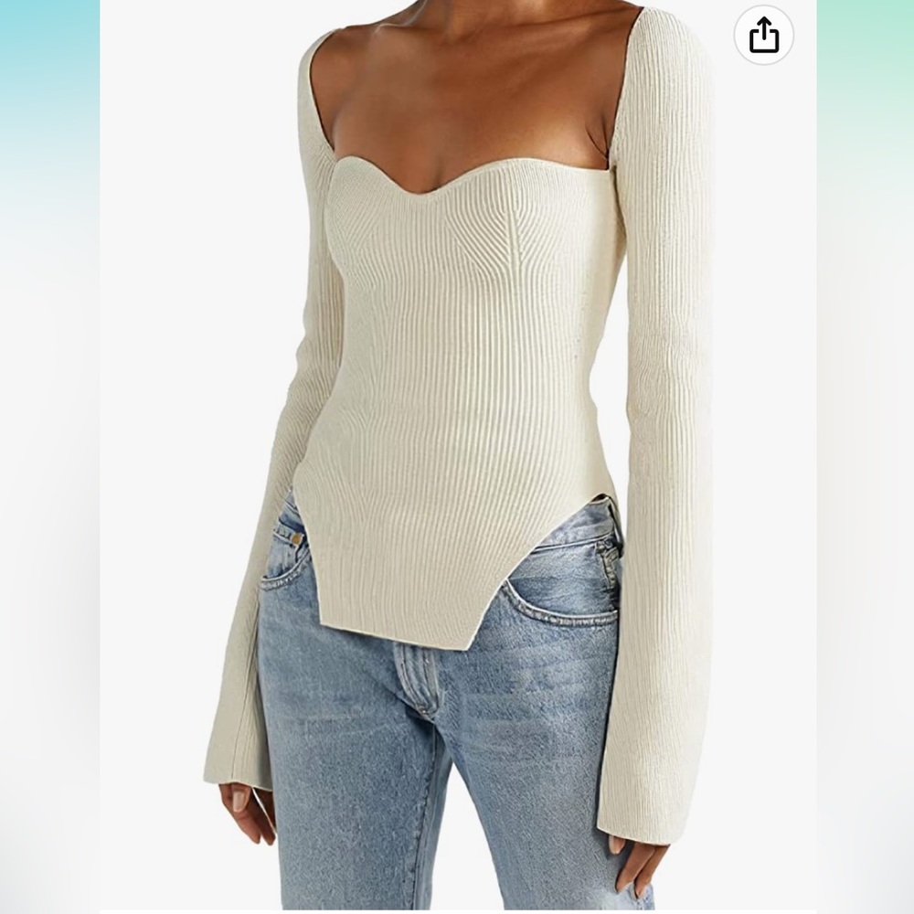 White Square Neck Ribbed Knitted Long Sleeve Sweater NWT